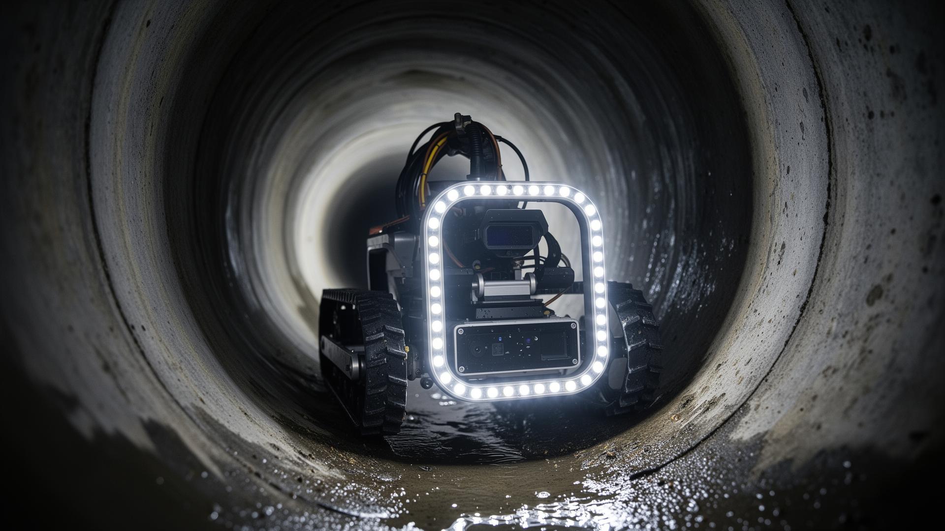 Tracked CCTV crawler robot inside a concrete drainage pipe
