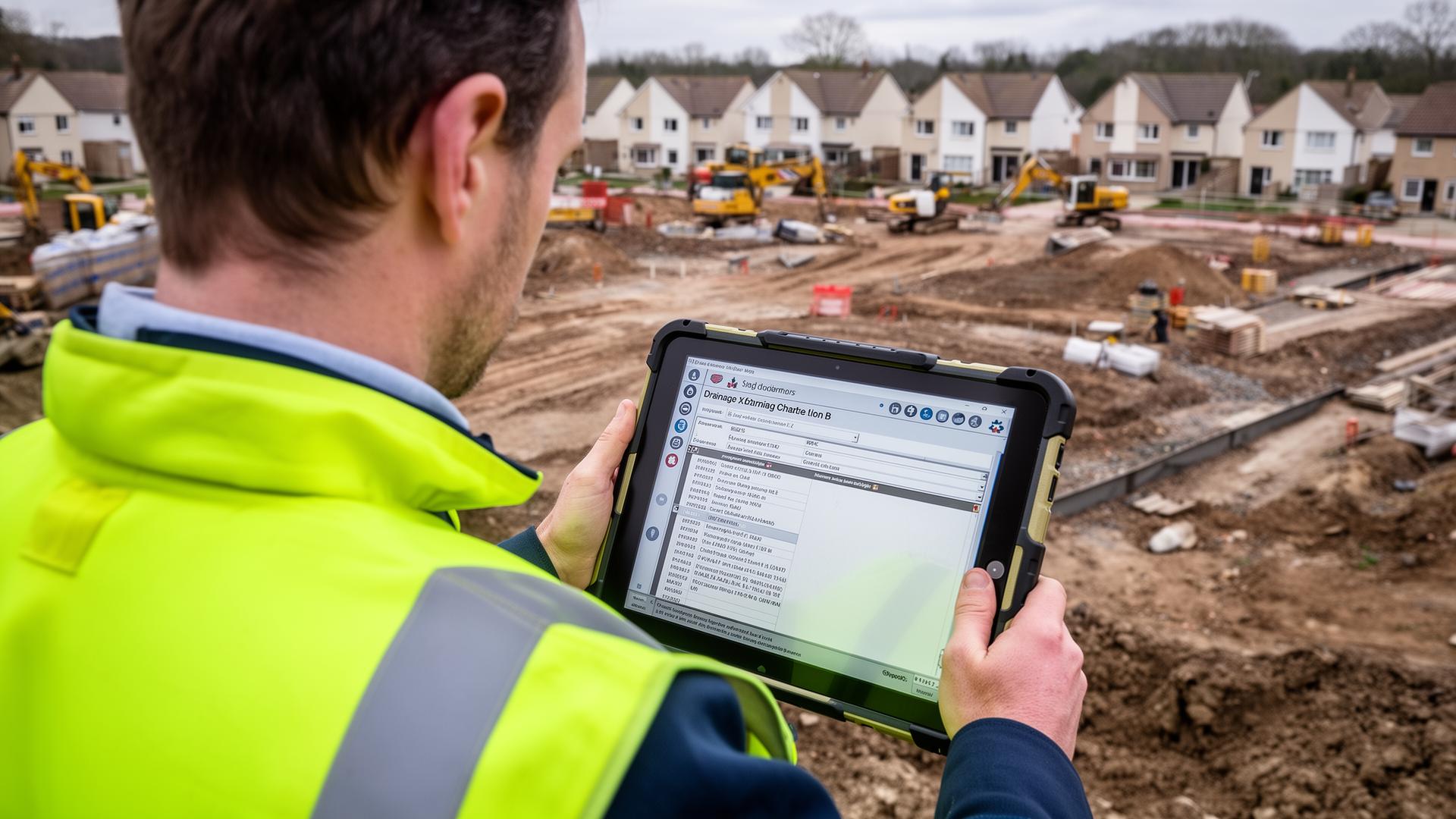 Surveyor reviewing drainage report on a rugged tablet